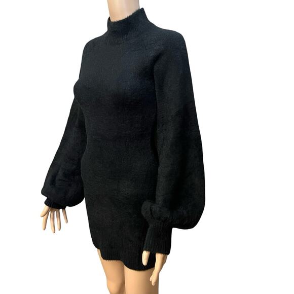 Petal And Pup Daril Sweater Dress Size 0 US Black Mini Balloon Sleeve Mock Neck - Picture 2 of 7